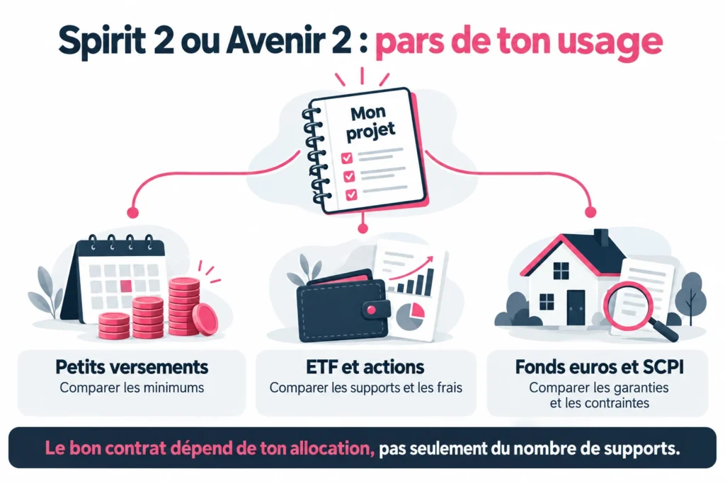Linxea Spirit 2 ou Avenir 2 : comparer les minimums pour les petits versements, les frais et supports pour les ETF, les garanties et contraintes pour les fonds euros et SCPI.