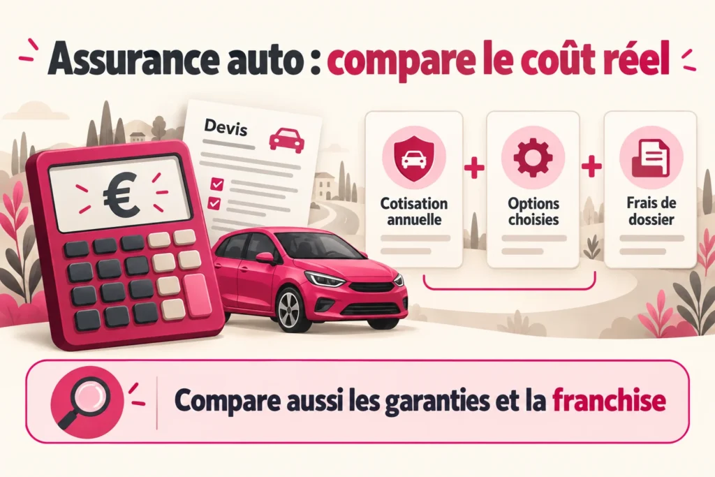 Calculatrice et devis auto : comparer la cotisation annuelle, les options et les frais de dossier, ainsi que les garanties et la franchise.