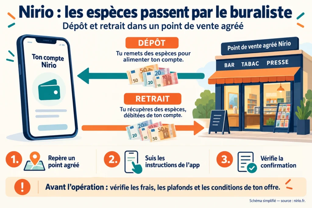 Nirio : dépôt d’espèces pour alimenter le compte et retrait d’espèces débitées du compte dans un point de vente agréé ; vérifier frais, plafonds et confirmation.